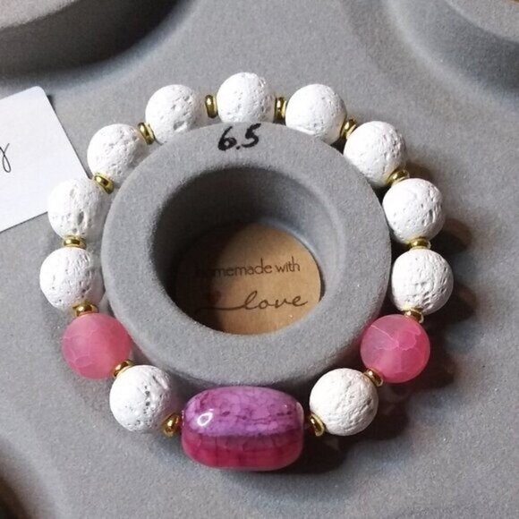 White Lava Rock Beads + Pink Dragonvein Agate ~ Petite Chunky Stretch Bracelet - Picture 7 of 8